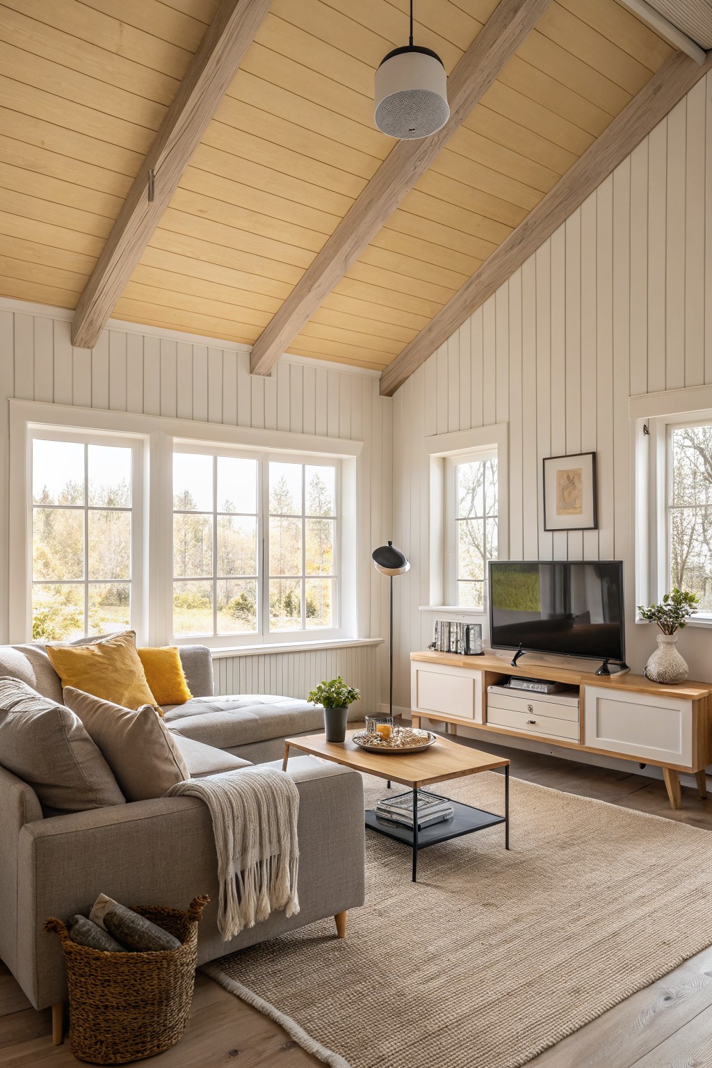 Living room with warm white shiplap walls, buttery yellow wood ceiling beams, gray sectional sofa, wood media cabinet, and large windows showing fall woods