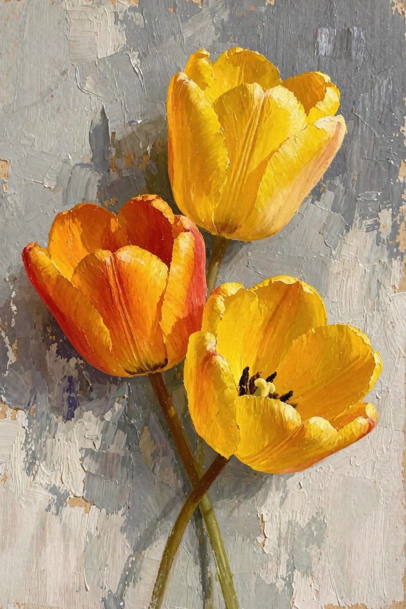 Oil painting of three tulips with two in yellow and one in orange on stems against a textured gray background.