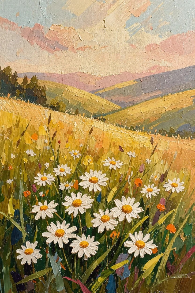 Oil painting depicting white daisies and golden wheat in the foreground with rolling green hills, distant purple mountains, and a pastel sky with clouds.
