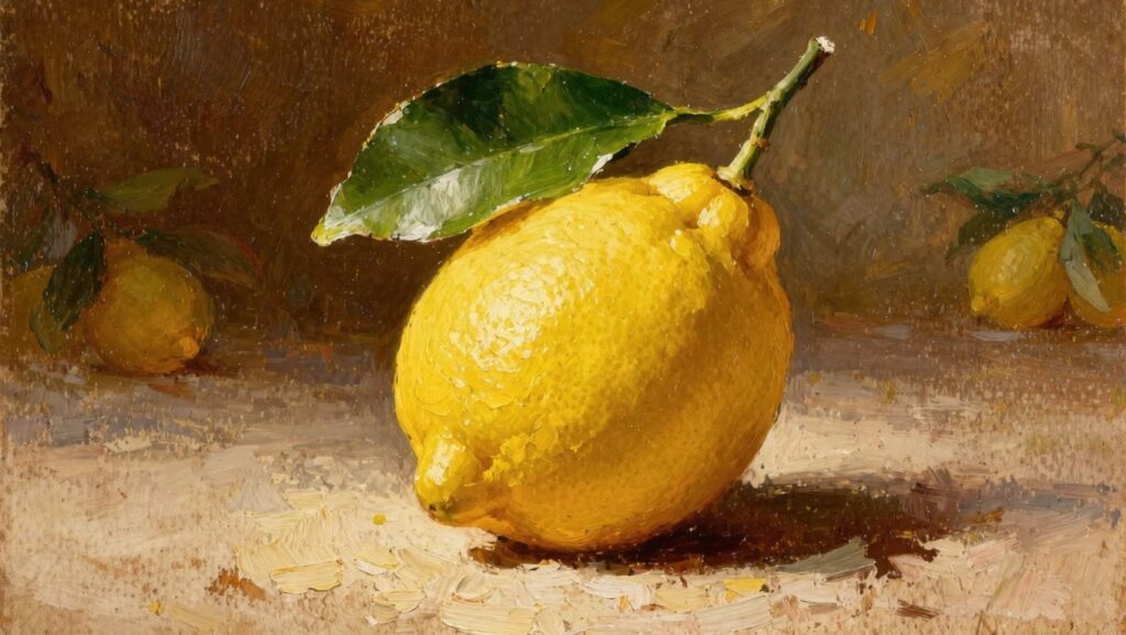 Oil painting of a textured yellow lemon with green leaf and stem on an orange-brown background.