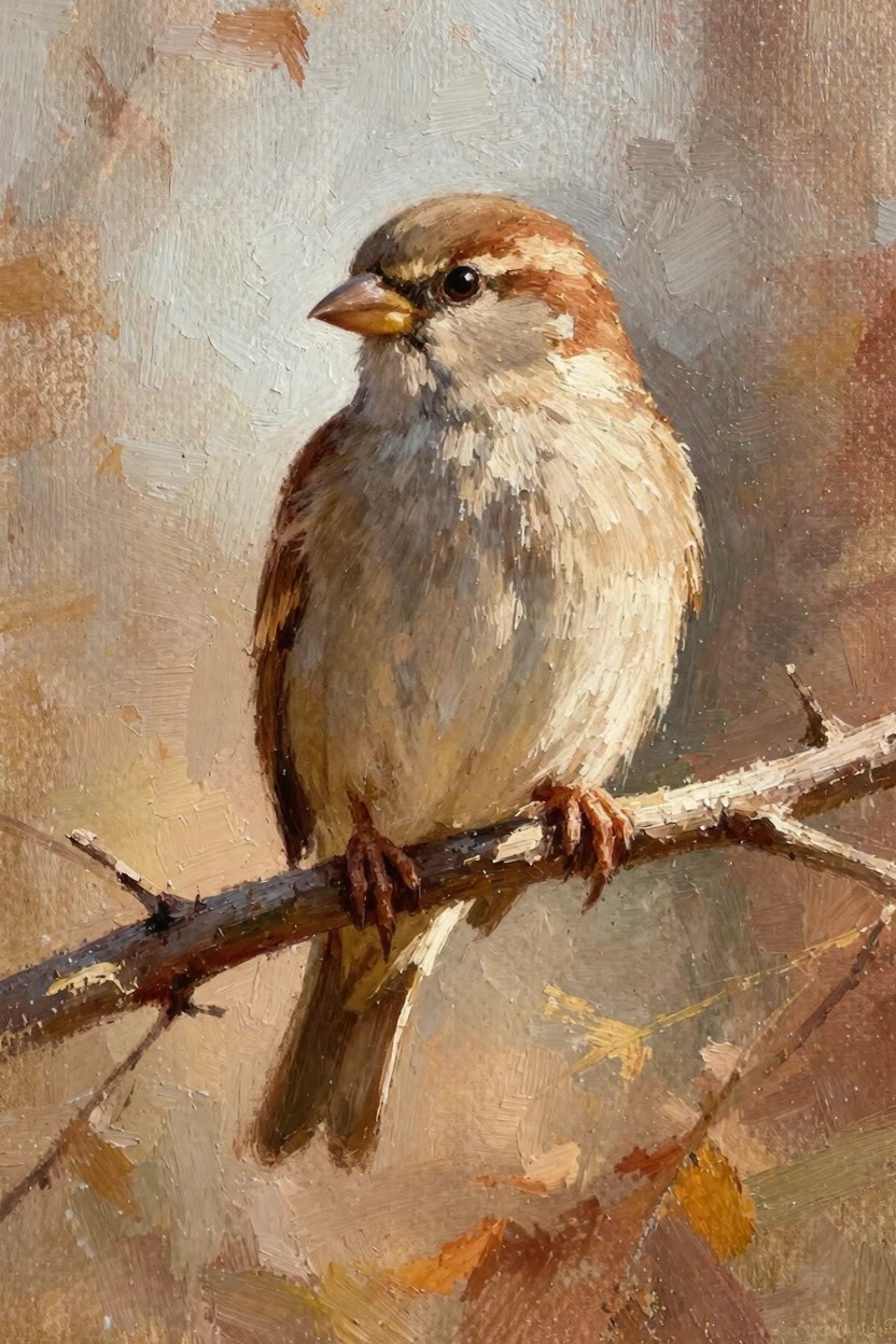 Realistic oil painting of a fox sparrow on a thin branch against a soft orange fall leaf background.