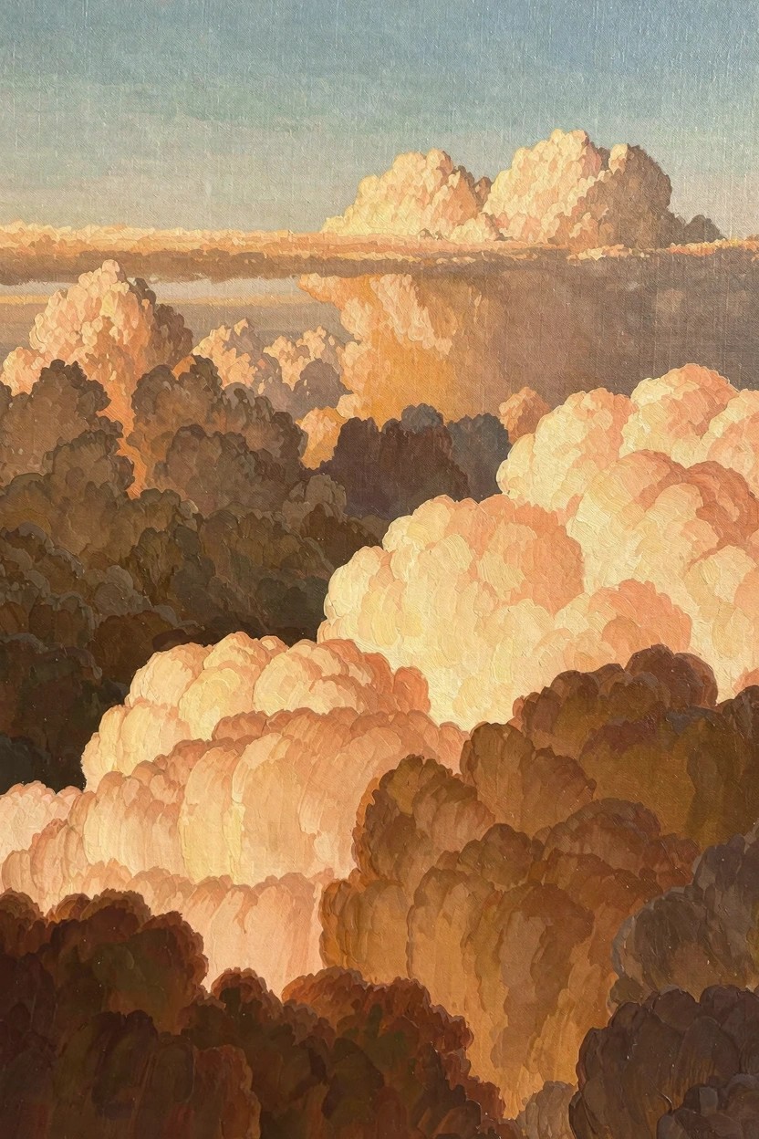 Oil painting of fluffy, layered clouds in orange, pink, and gold tones under a blue sky with soft blending and textured brushwork.