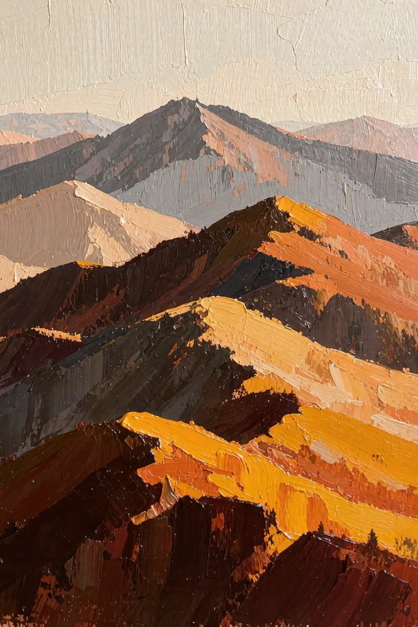 Oil painting of multiple overlapping mountain ridges in pale beige, gray, brown, orange, and yellow tones with visible impasto brushstrokes.