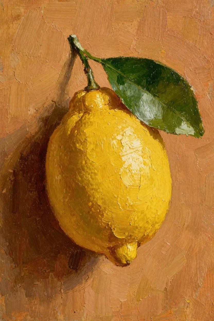 Oil painting of a textured yellow lemon with green leaf and stem on an orange-brown background.