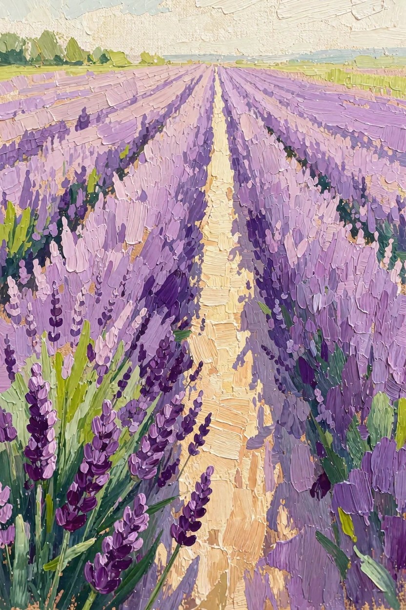 Oil painting of purple lavender fields in rows with a central dirt path, detailed foreground flowers, green fields, trees, and cloudy sky.