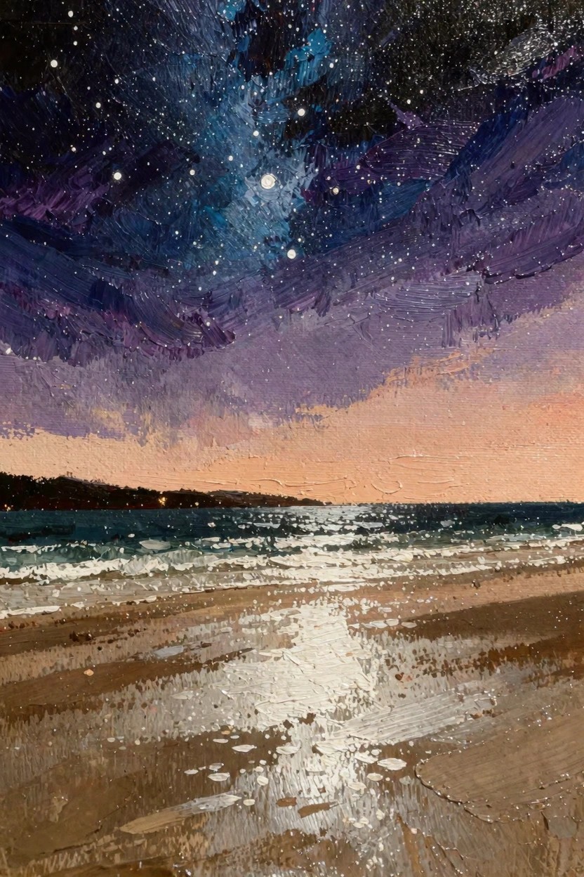 Oil painting of a starry purple sky and orange twilight horizon over dark sea and reflective wet beach sand.