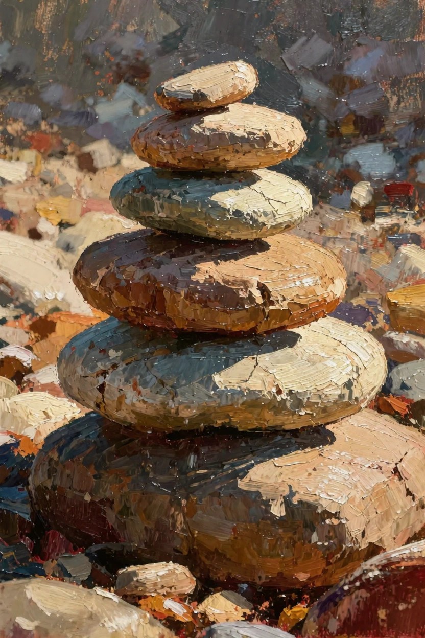 Oil painting of balanced gray, tan, and rust stones stacked on a beach amid colorful pebbles under sunlight.