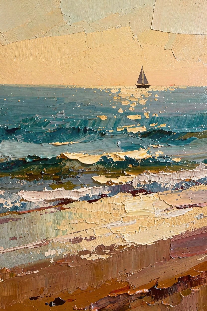 Oil painting of sandy beach, turquoise waves, sunlit sea with distant dark sailboat, and warm orange sunset sky.