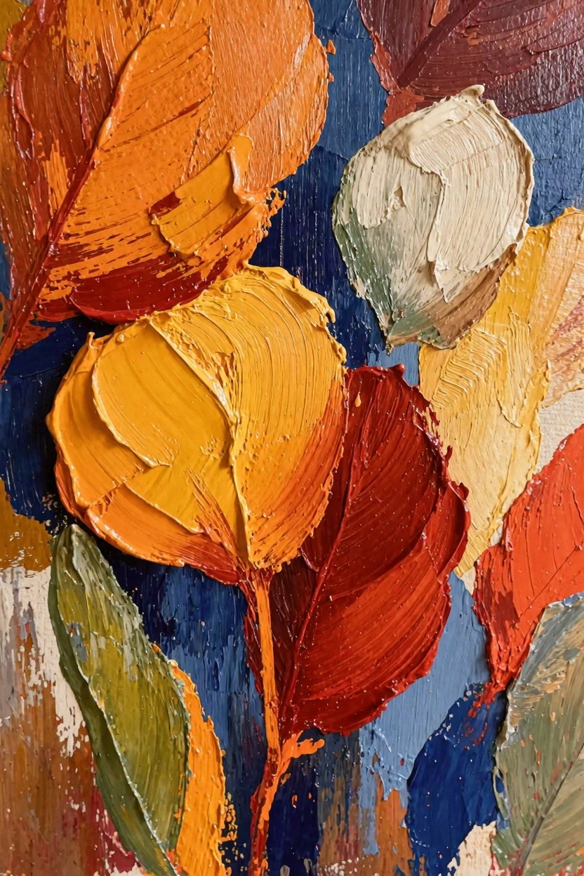Oil painting of clustered autumn leaves in thick impasto with vibrant oranges, yellows, reds, and greens on a dark blue background.