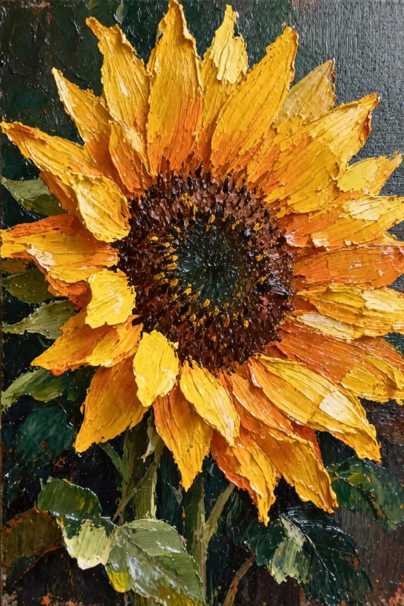 Textured oil painting of a close-up sunflower with thick yellow petals, brown center, green stem and leaves against a dark green background.