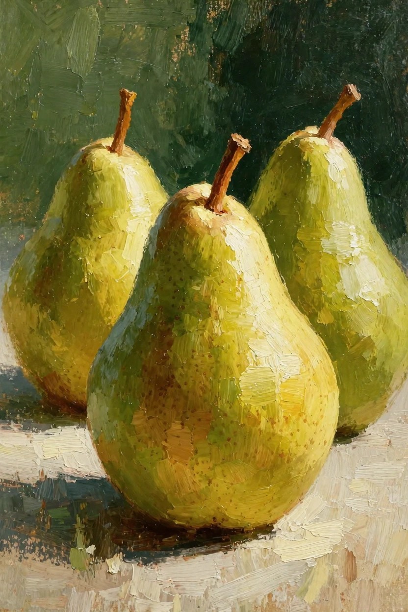 Oil painting of three textured green pears lit from the side on a light surface against a dark green background.
