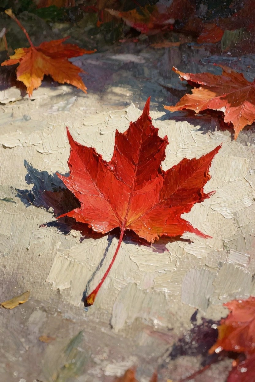 Oil painting of a large red maple leaf lying on a light textured ground with smaller autumn leaves scattered around.