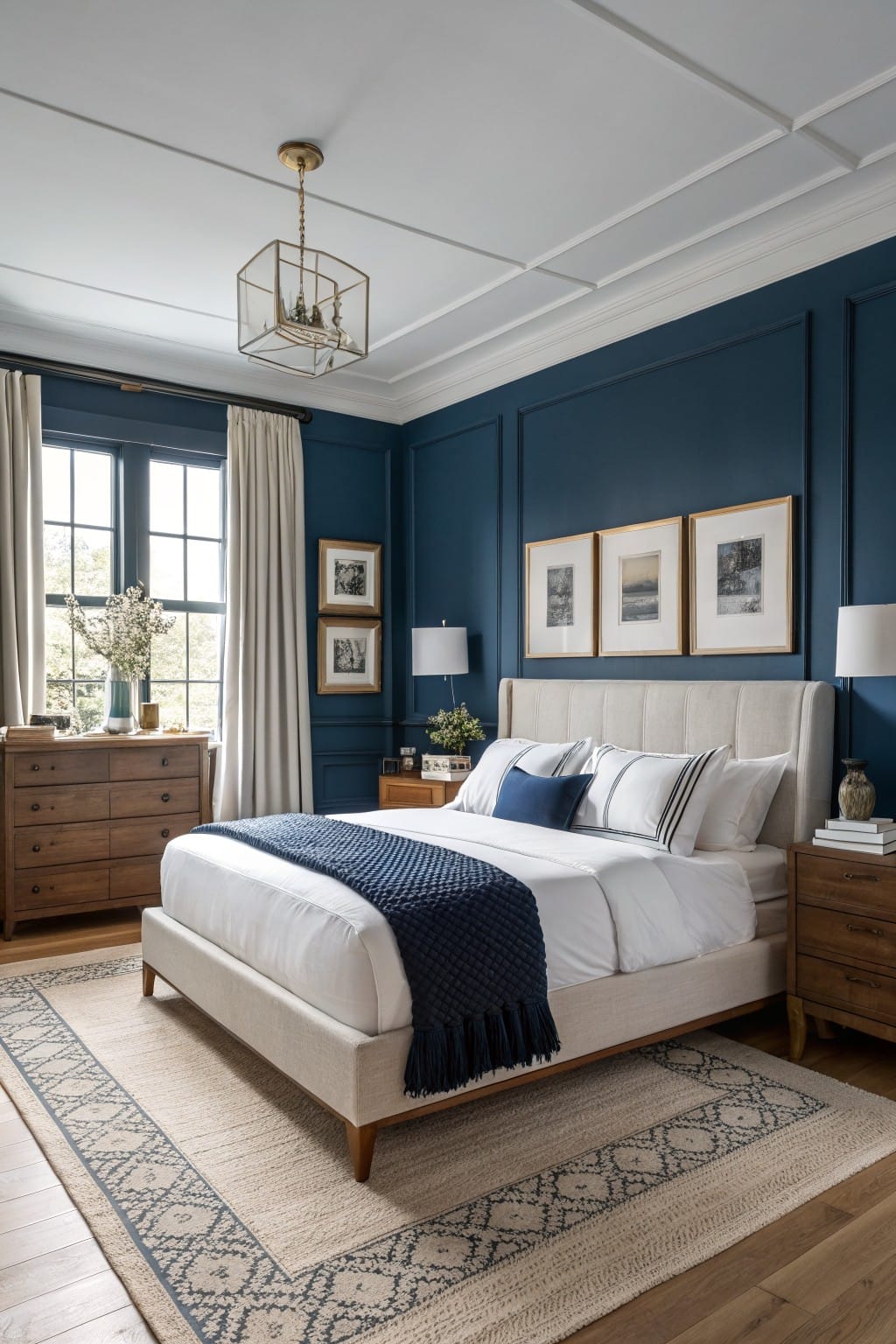 Minimalist bedroom featuring deep navy blue paneled walls, a beige upholstered bed with navy throw, wood nightstands and dresser, gold chandelier, and large window with white curtains