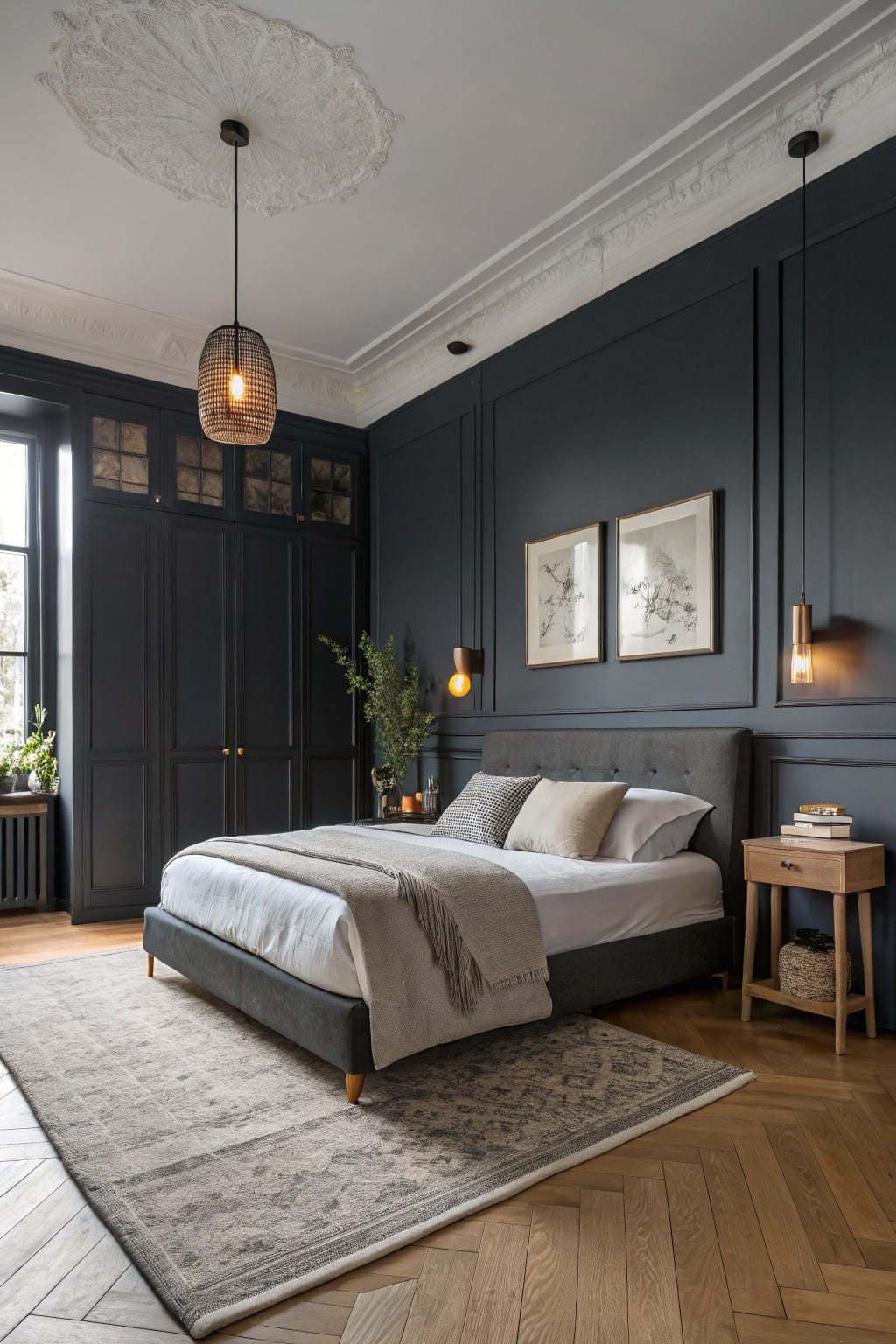 Cozy minimalist bedroom featuring deep navy walls, gray upholstered bed frame, warm wood floors, and woven pendant lights