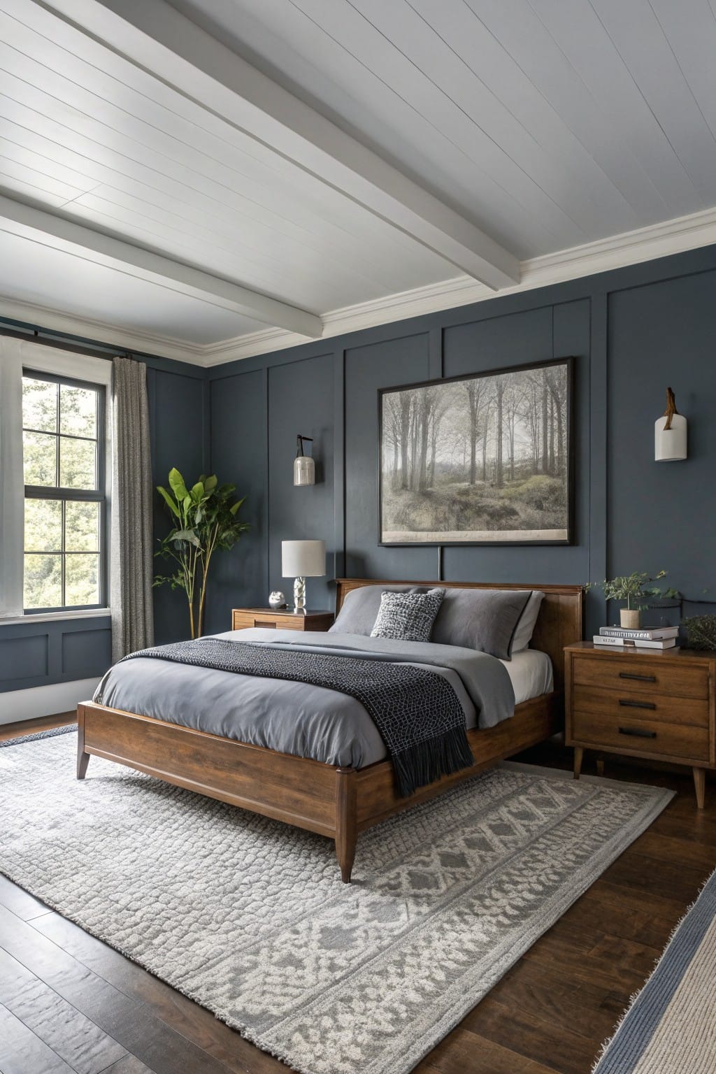 Minimalist bedroom featuring deep navy walls, a wood bed frame with gray bedding, white ceiling beams, and hardwood floors under a large patterned rug