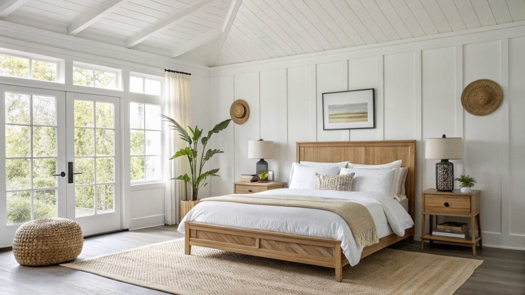 Minimalist bedroom featuring warm white shiplap walls, wooden bed with white bedding and yellow throw, rattan accents, plants, and large windows with cream curtains overlooking greenery