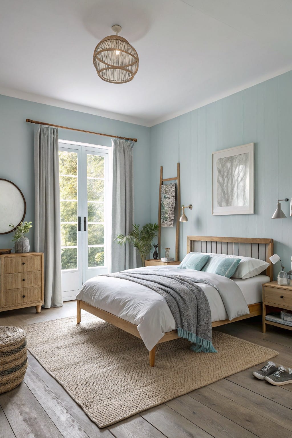 Minimalist bedroom with pale blue-green paneled walls, wooden bed and dresser, white bedding, and French doors opening to greenery