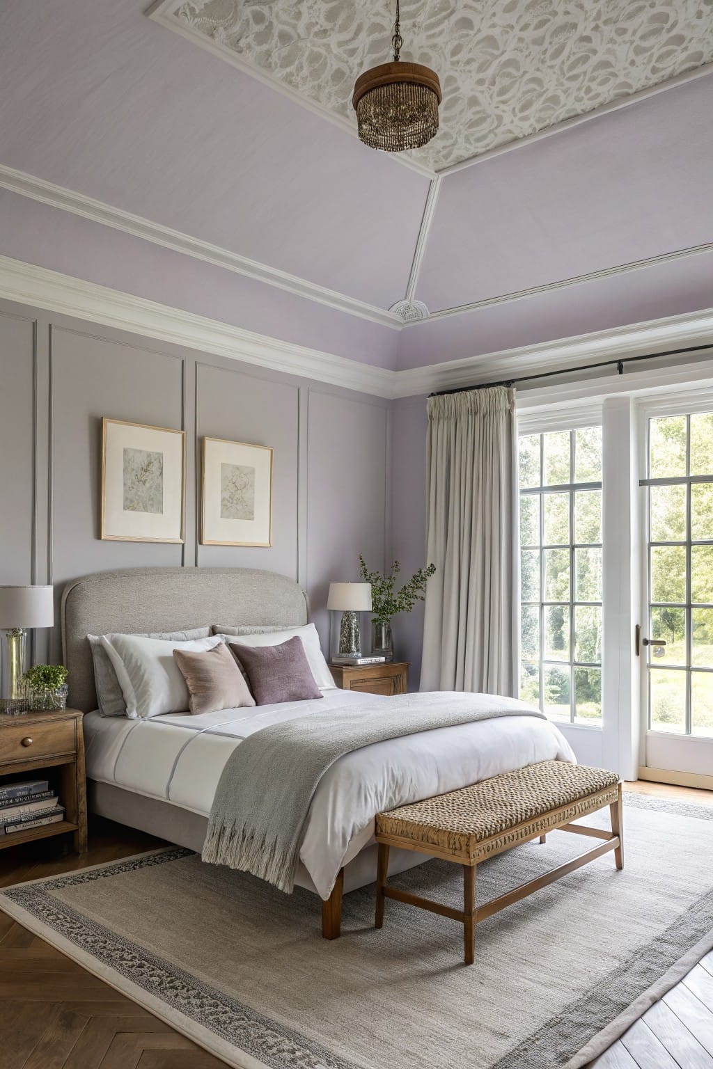 Elegant bedroom featuring lavender walls, a large bed, and stylish wooden furniture.