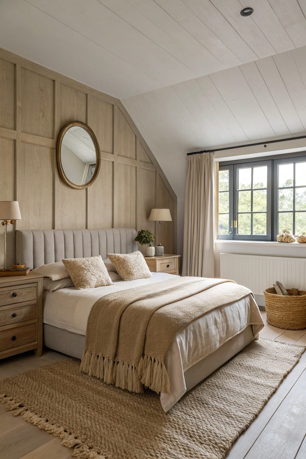 Minimalist bedroom featuring light wood-paneled walls, tufted beige headboard, neutral linens, and large black-framed windows with cream curtains