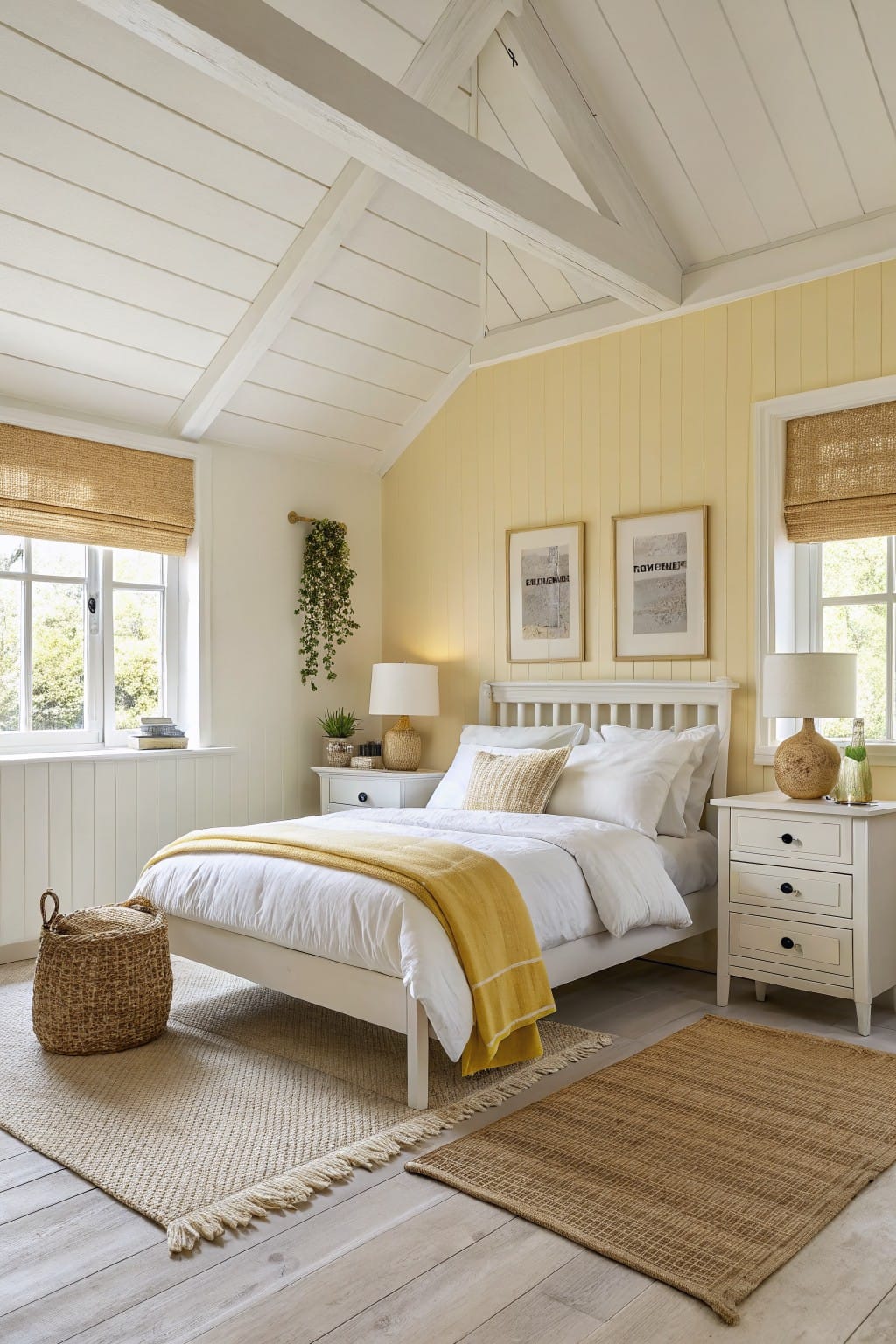 Bright bedroom with a double bed, yellow throw, wooden furniture, and natural light.
