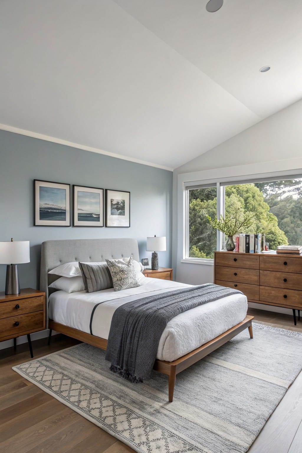 Minimalist bedroom featuring soft blue-gray walls accented by warm wood furniture, neutral bedding, and large windows with treetop views