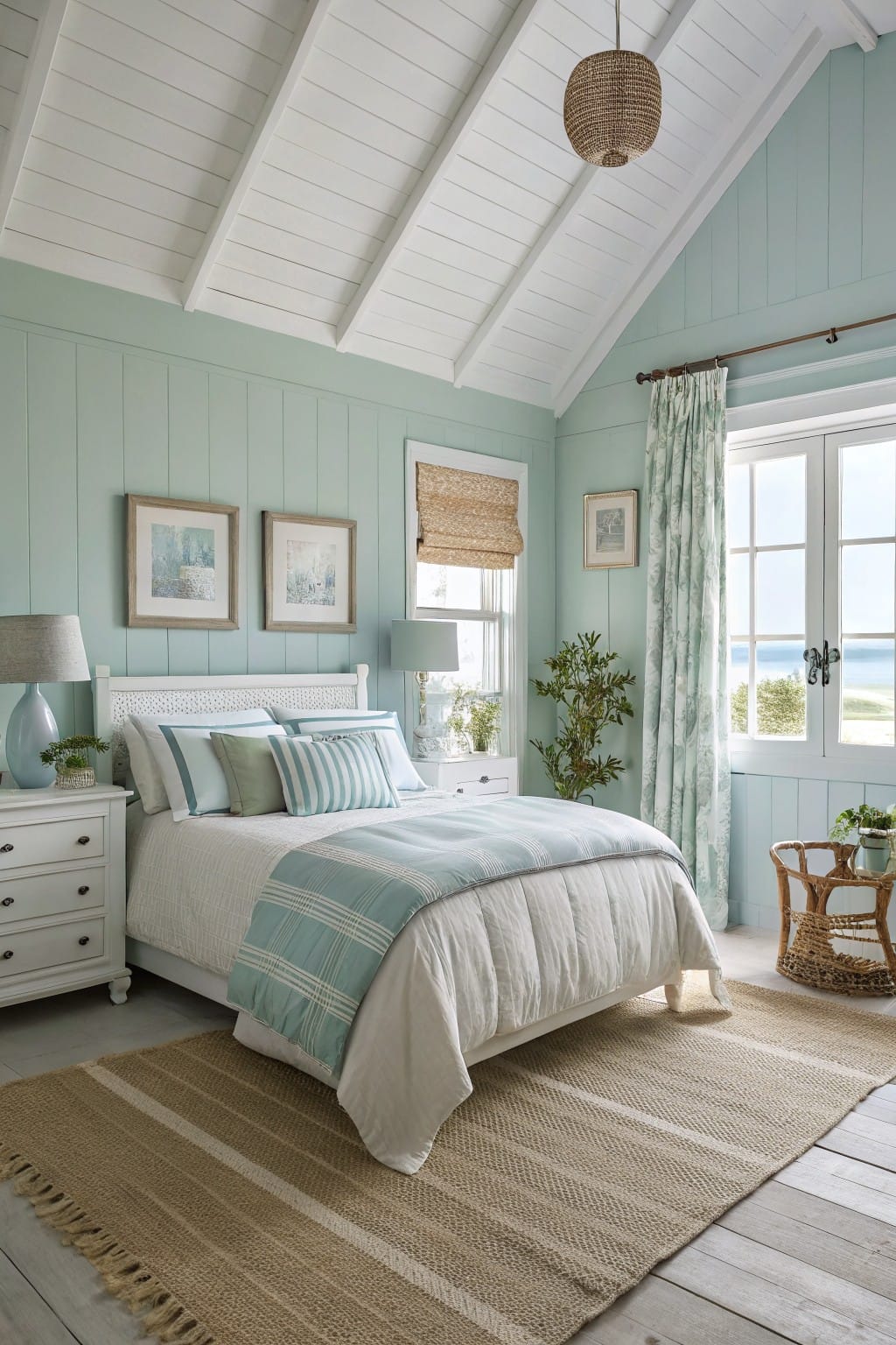 Coastal bedroom featuring a white bed, blue bedding, natural fibers, and serene decor.