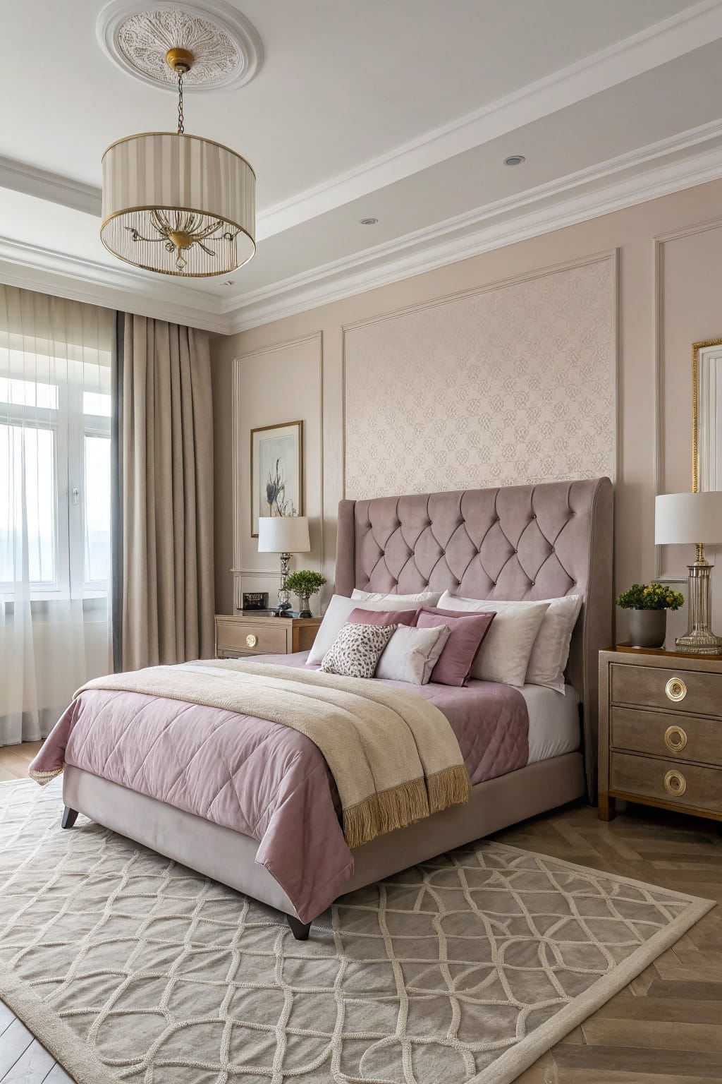 Elegant bedroom with a tufted headboard, soft pink bedding, and decorative accessories.