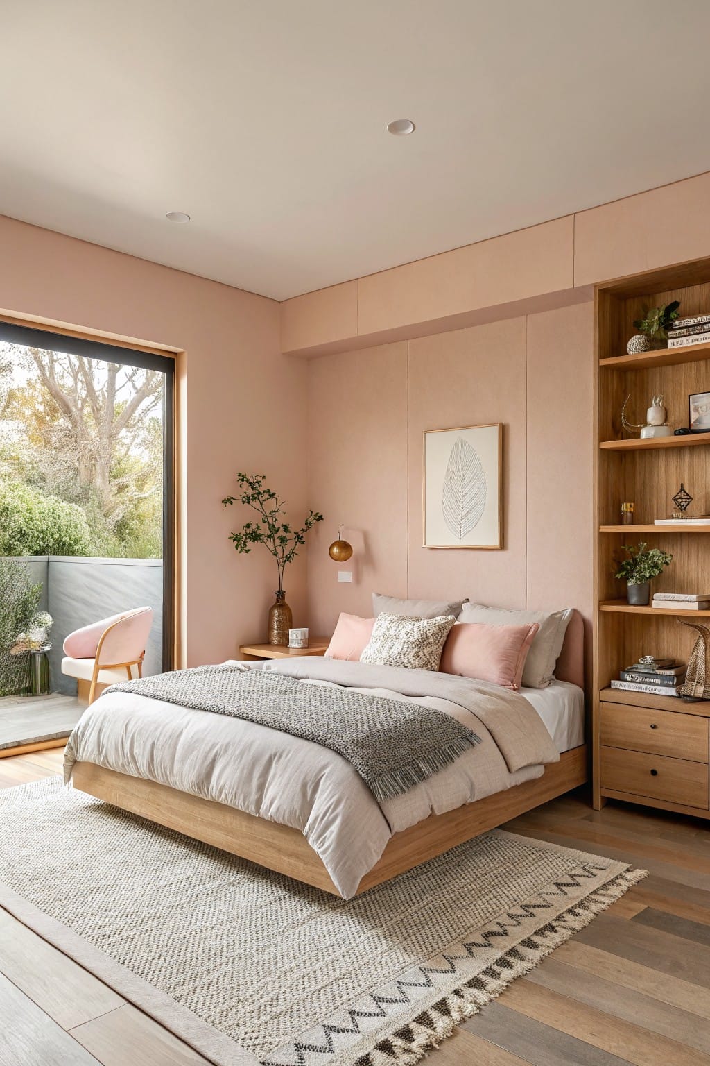 Cozy bedroom with pink walls, wooden furniture, a bed, and natural greenery.