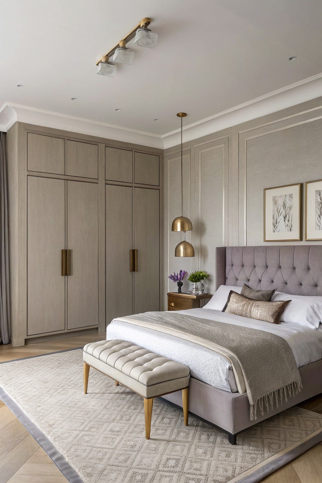 Minimalist bedroom featuring soft greige paneled walls, tufted gray upholstered bed, gold lighting, and light wood floors