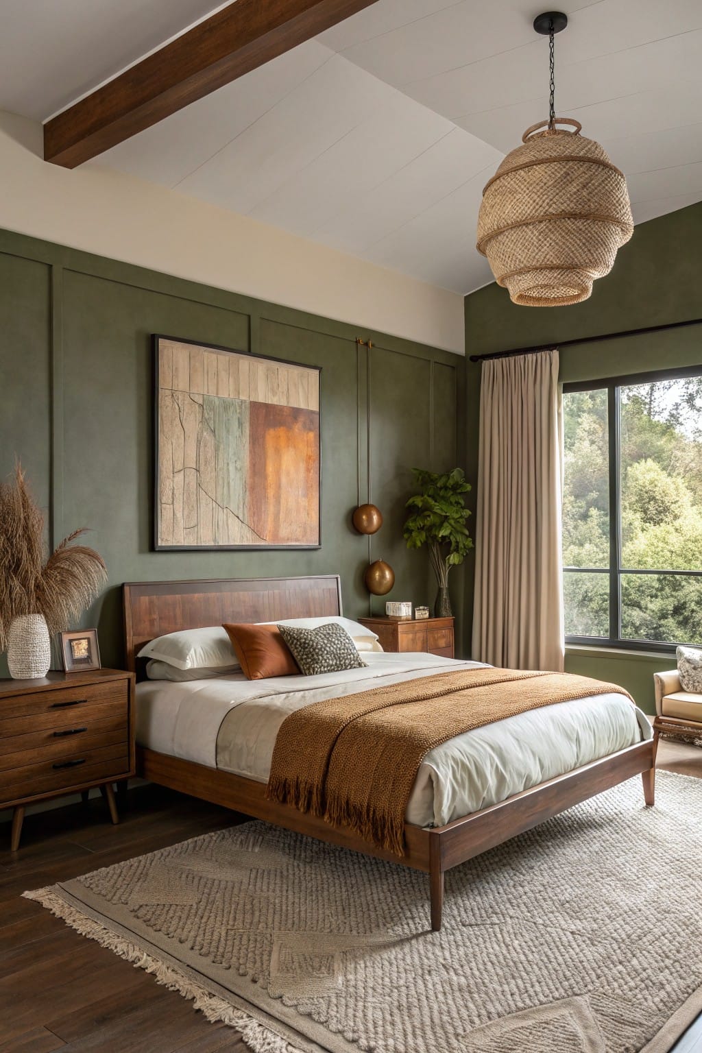 Minimalist bedroom featuring soft sage green paneled walls with wood bed and warm neutrals for peaceful feel