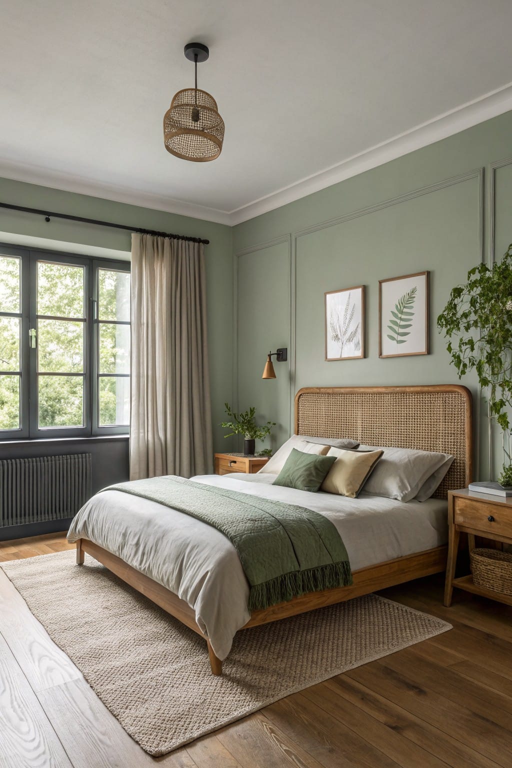 Minimalist bedroom featuring soft sage green walls, rattan headboard, layered bedding, and potted plants beside a large window