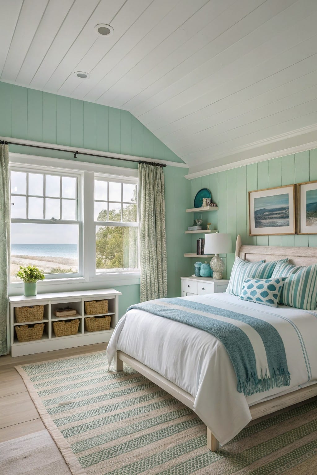 Minimalist bedroom featuring soft seafoam green paneled walls, white wood ceiling, large window with beach view, and simple white bed with teal accents