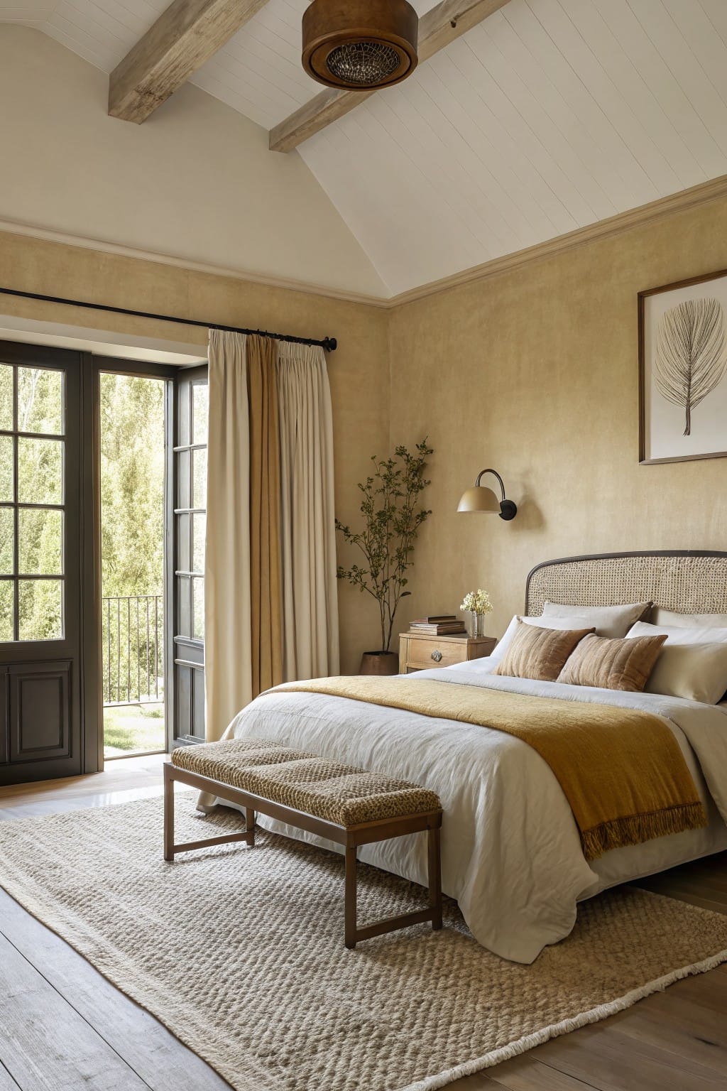 Cozy minimalist bedroom with warm beige plaster walls, rattan bed frame, neutral linens, and French doors open to a balcony view
