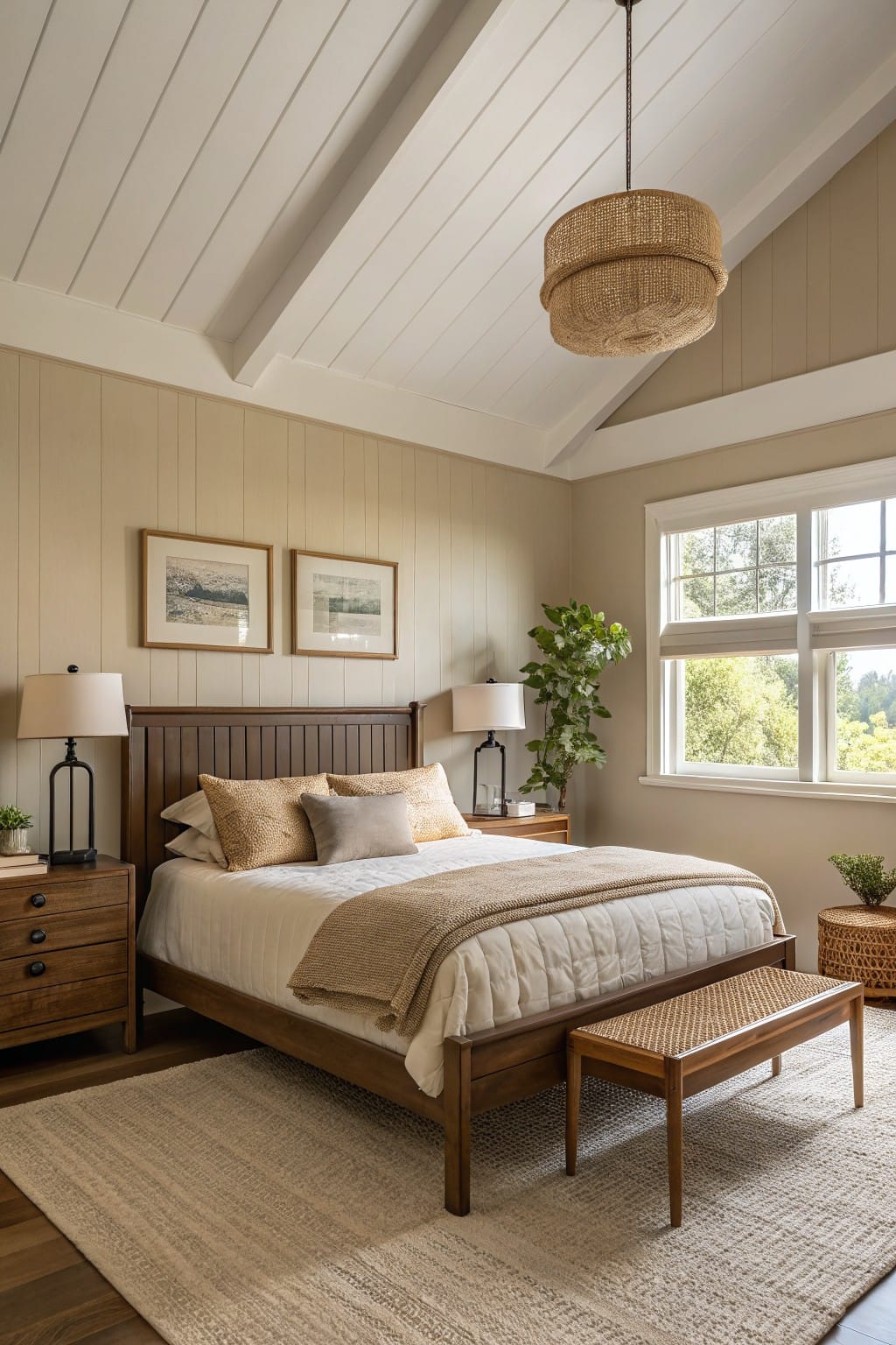 Minimalist bedroom featuring warm greige paneled walls, wooden bed frame with beige linens, potted plants, and soft natural light from large windows