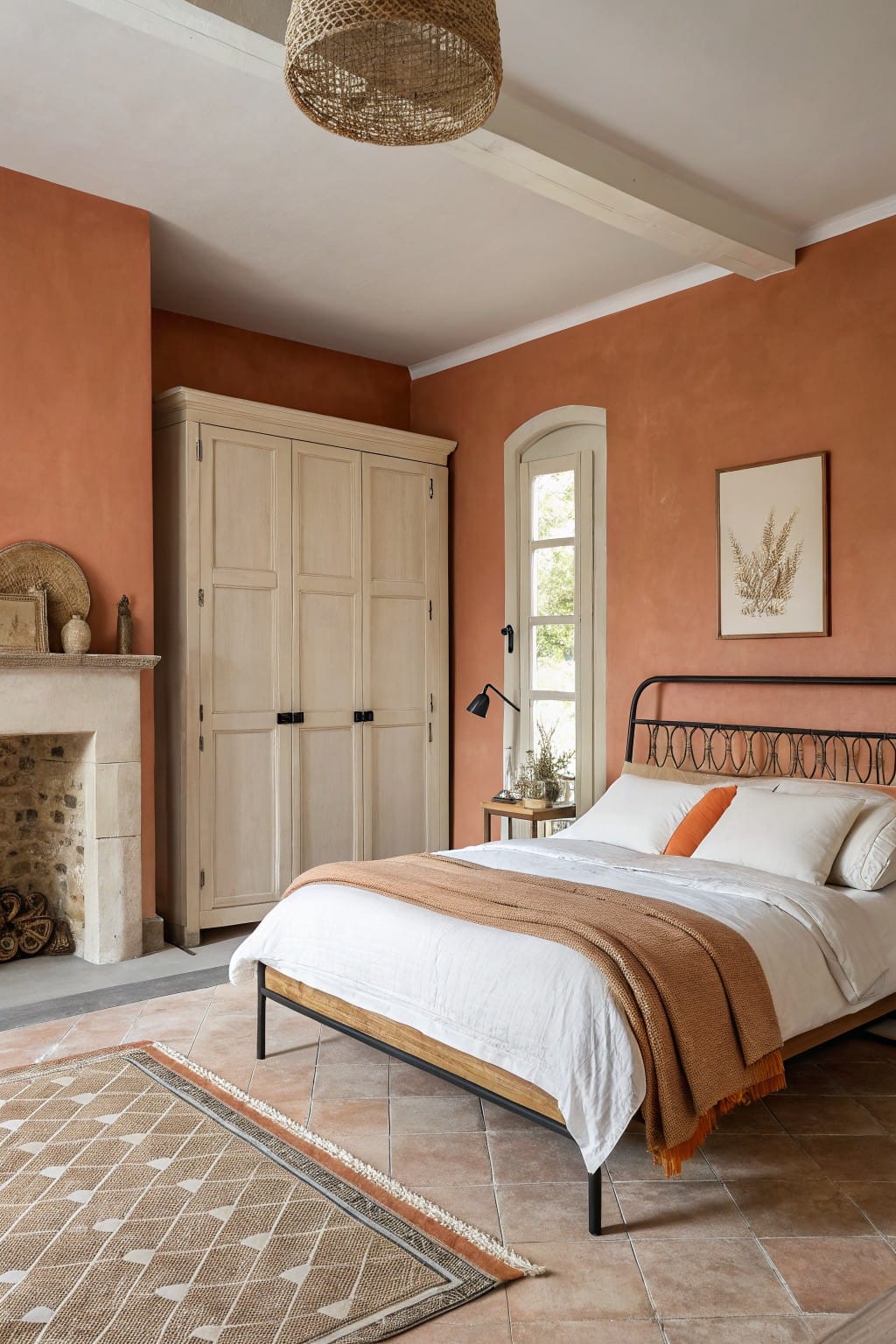 Bedroom with warm terracotta walls, white wood wardrobe, black metal bed frame, and beige rug on terracotta tile floor