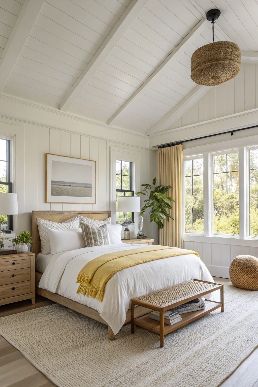 Minimalist bedroom featuring warm white shiplap walls, wooden bed with white bedding and yellow throw, rattan accents, plants, and large windows with cream curtains overlooking greenery