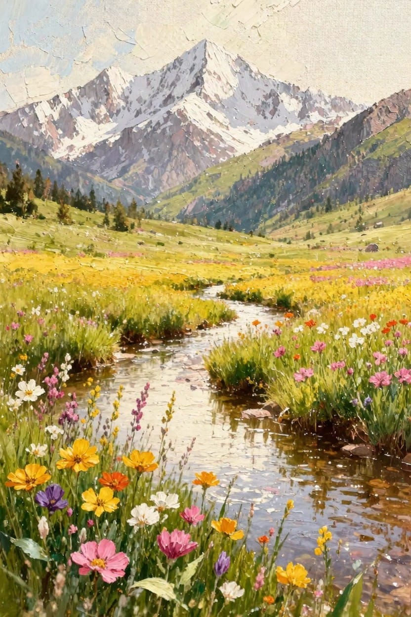 Oil painting of a mountain valley with a stream through wildflower meadows, pine forests, and snowy peaks.