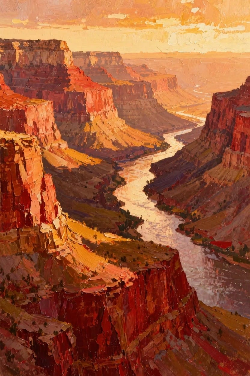 Oil painting of Grand Canyon red rock cliffs framing a winding river under orange sunset skies.