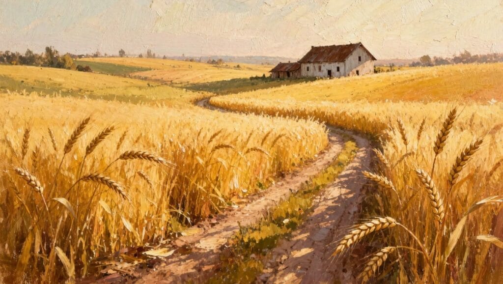 19 Stunning Landscape Oil Painting Ideas For Breathtaking Views Oil painting of tall golden wheat in foreground, curving path through fields and hills to a small rustic house, warm sunset sky.
