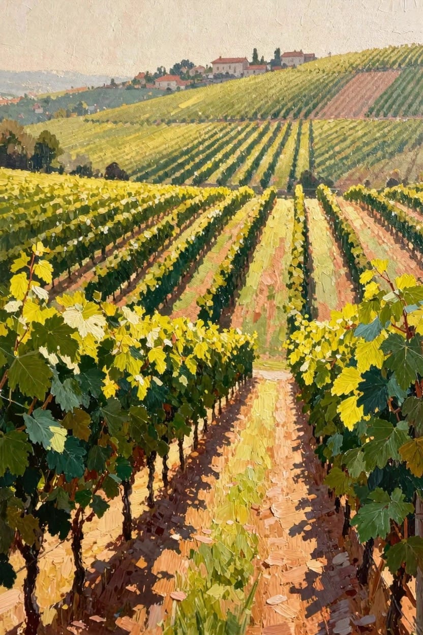 Oil painting of golden vineyards in rows on rolling hills, with a central path leading to distant villages under warm light.