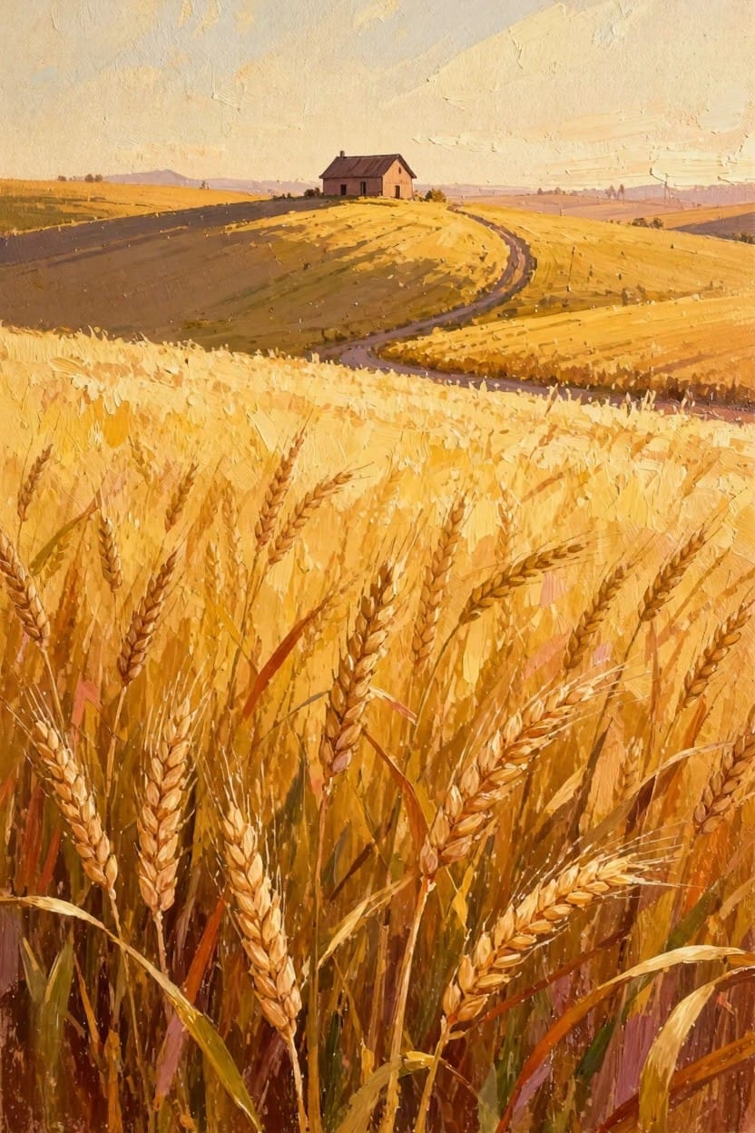 Oil painting of tall golden wheat in foreground, curving path through fields and hills to a small rustic house, warm sunset sky.