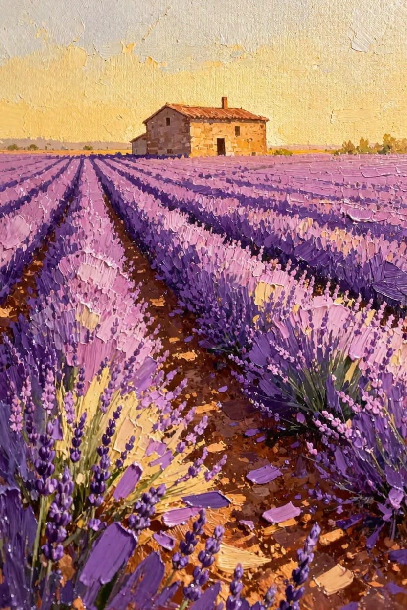 Oil painting of purple lavender fields in rows leading to a small stone house with terracotta roof under a golden sunset sky.