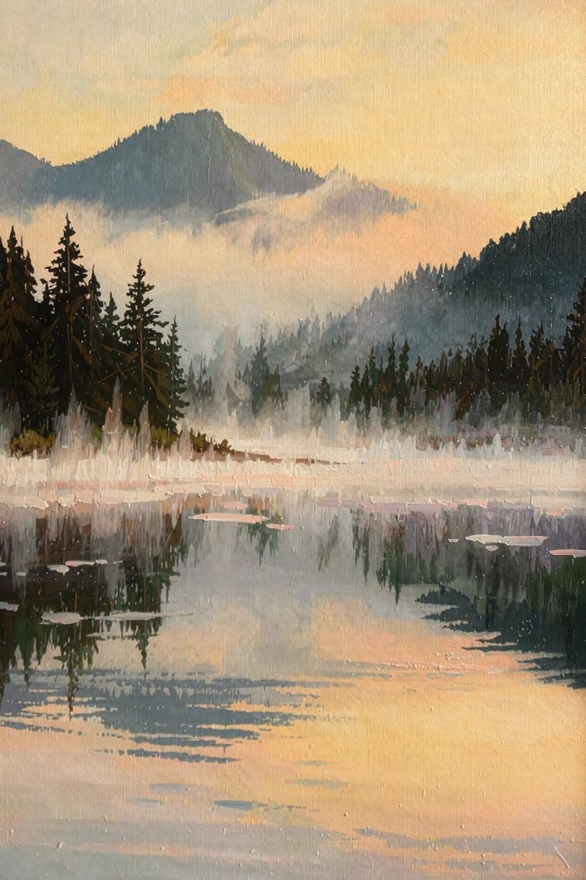 Oil painting of misty blue mountains, dark pine trees, reed-lined lake with reflections, and golden-pink dawn sky.