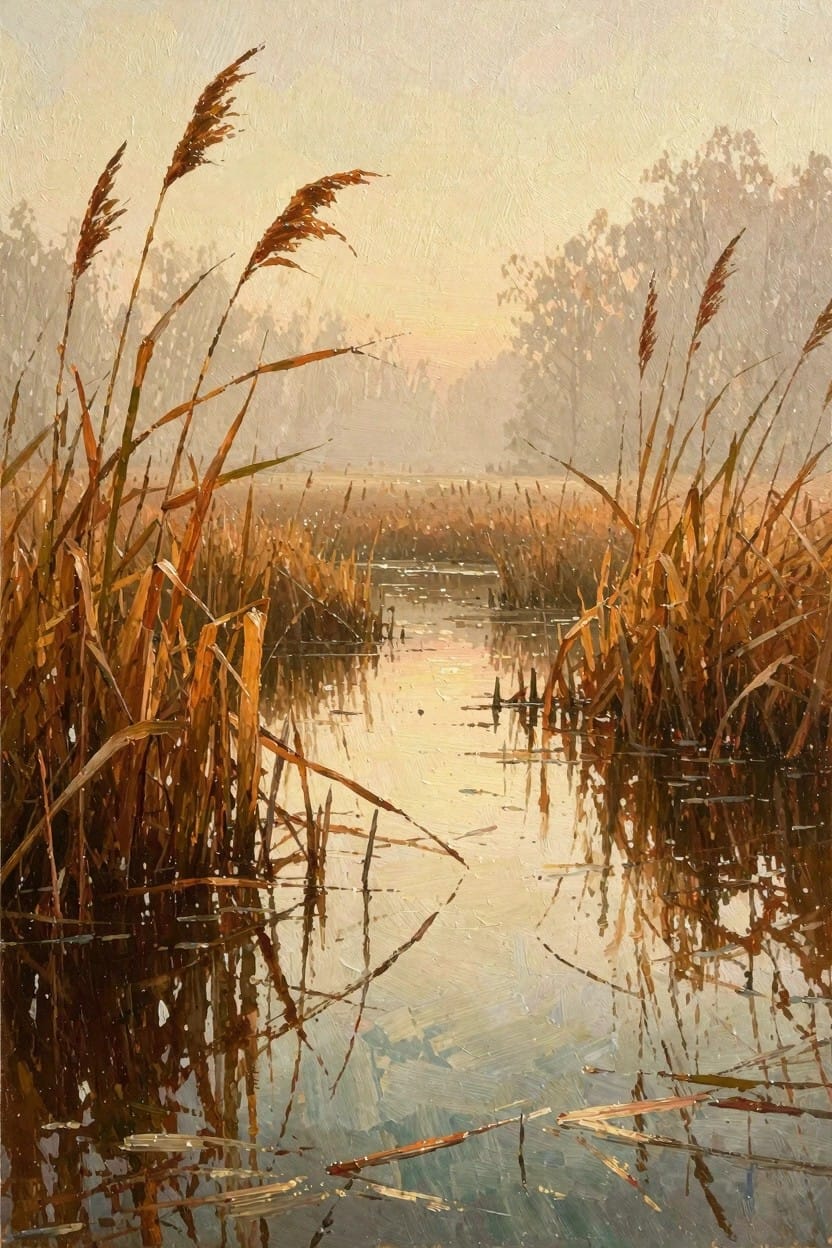 Oil painting of golden reeds framing a misty waterway with reflections at dawn.