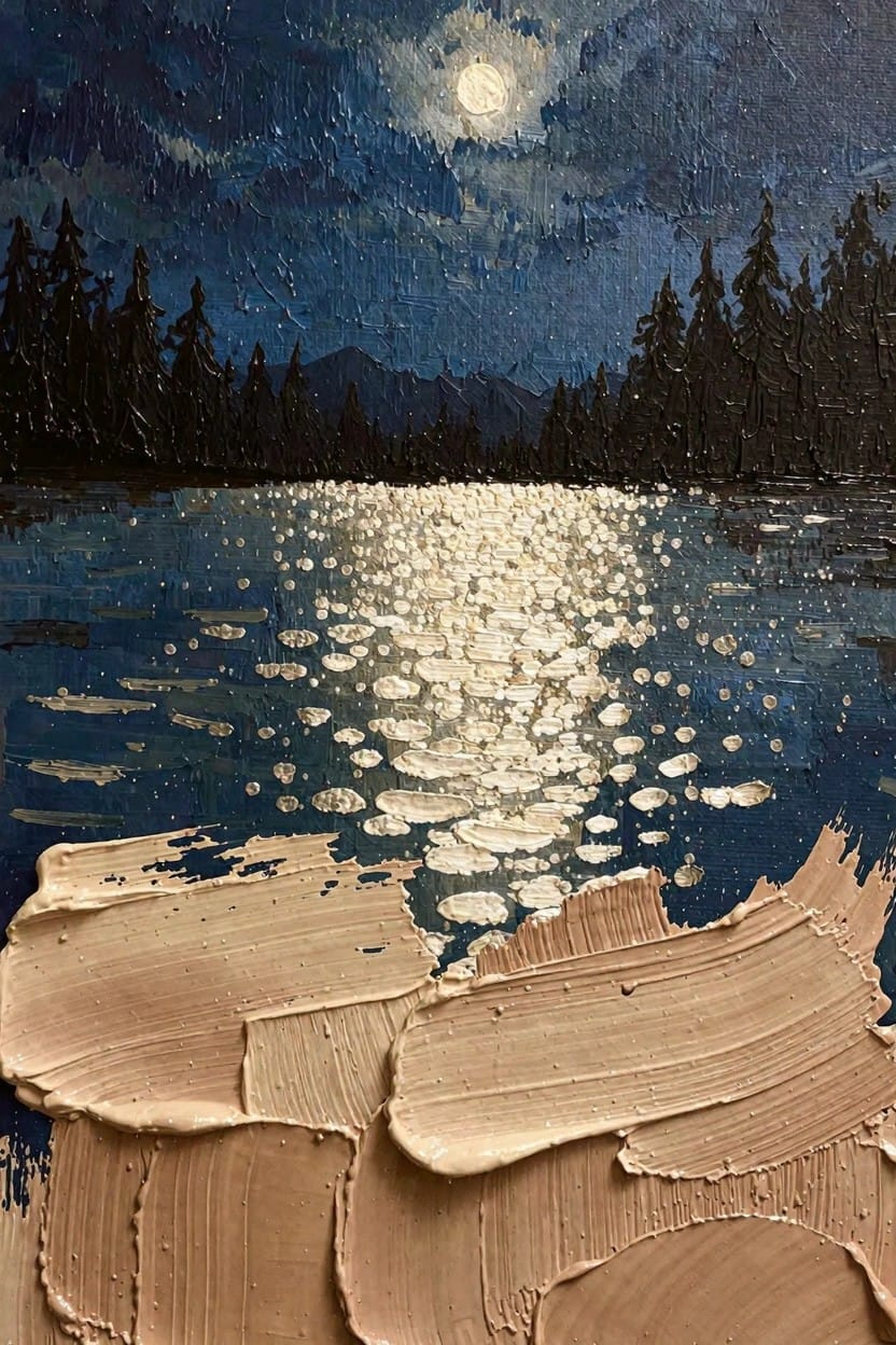 Oil painting of full moon over dark lake with white light reflections, black pine trees and mountains, and thick beige impasto in foreground.
