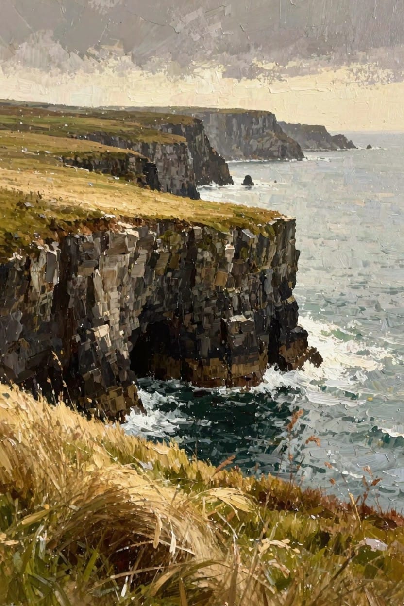 Oil painting of dark rugged cliffs falling to crashing ocean waves, golden grasses in foreground, and cloudy skies with light breaking through.
