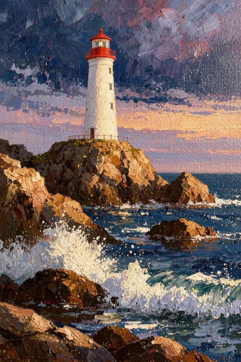 Oil painting of white lighthouse with red lantern on rocky ocean cliffs, crashing waves, and stormy sky fading to sunset colors.