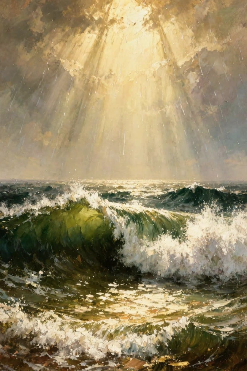 Oil painting of turbulent green ocean waves under dark storm clouds with golden sun rays breaking through from above.