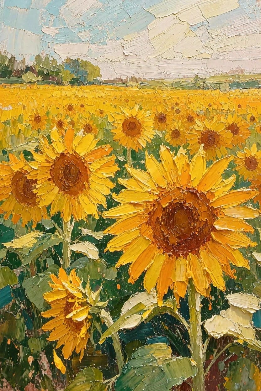 Oil painting of a field full of sunflowers with large detailed blooms in the foreground, yellow expanse to distant trees and buildings under a cloudy sky.