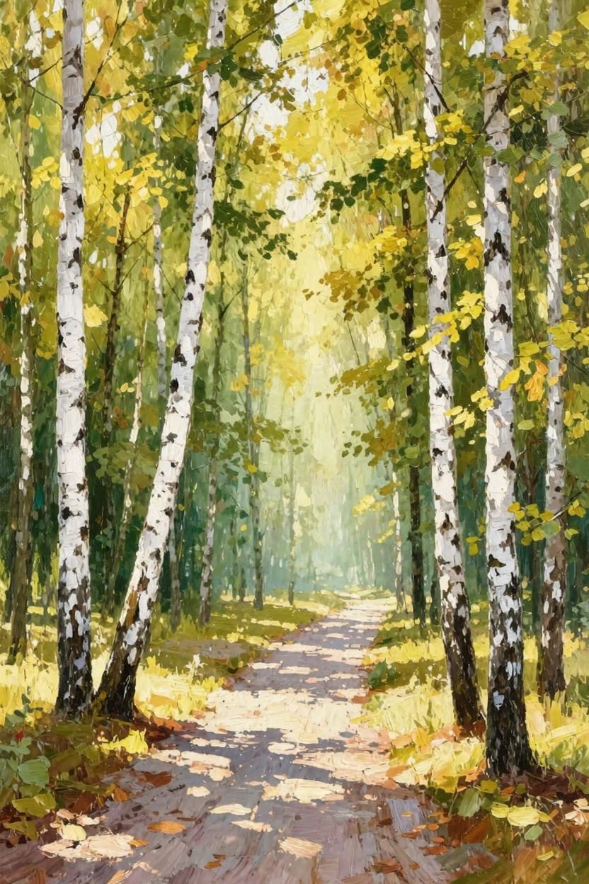 Oil painting of a dirt path through tall birch trees with yellow and green autumn leaves, sunlight filtering through the canopy.